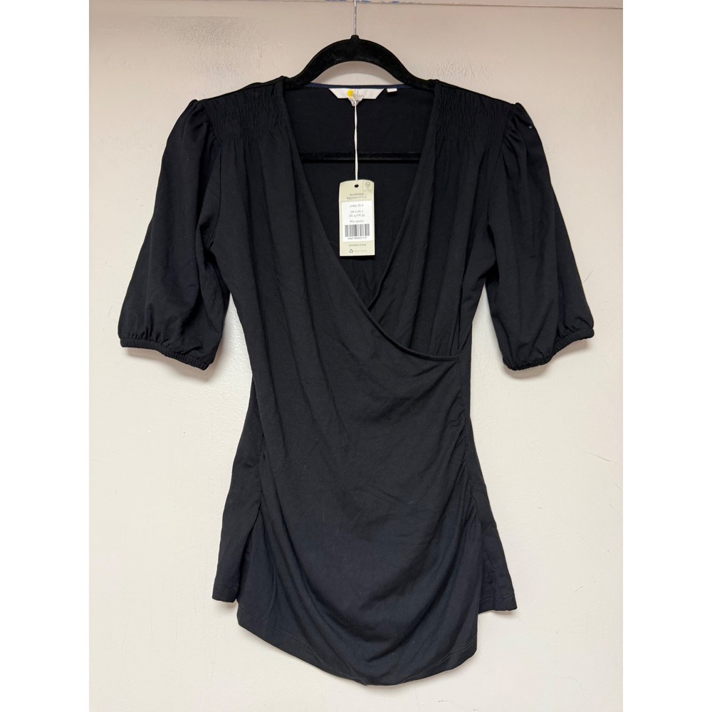 Boden Wrap Top Womens 2 Black NWT V-Neck Ruched Puff Sleeve J0852